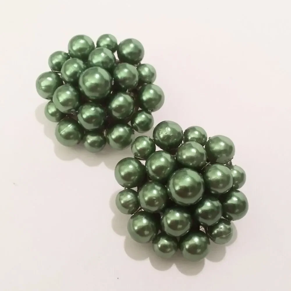Vintage Japan Green Bead Cluster Clip On Earrings Mid Century 1 Inch